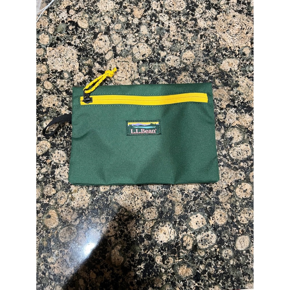 LL Bean Small Zippered Pouch Bag Forest Green Yellow Canvas 511837 Travel EDC